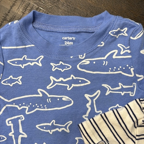 Carters Blue Shark and White/Navy Stripped Onesie Size 24m - Picture 3 of 3